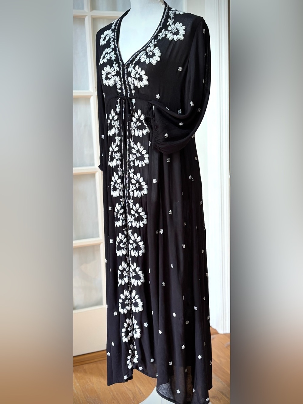 Free People Embroidered Black Boho Peasant Maxi Dress Sheer Size S - Picture 5 of 11